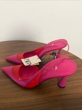Zara Hot Pink and Red Slingback Pointed-Heel Pumps